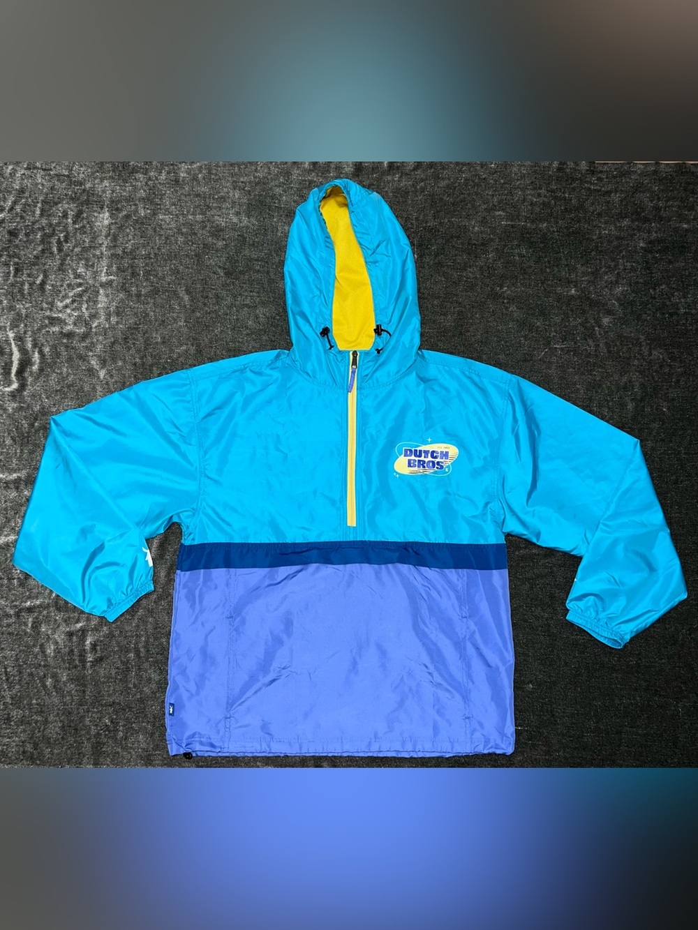 Dutch Bros Men's XL Hooded Colorblock Windbreaker Jacket Blue Yellow Zip Logo